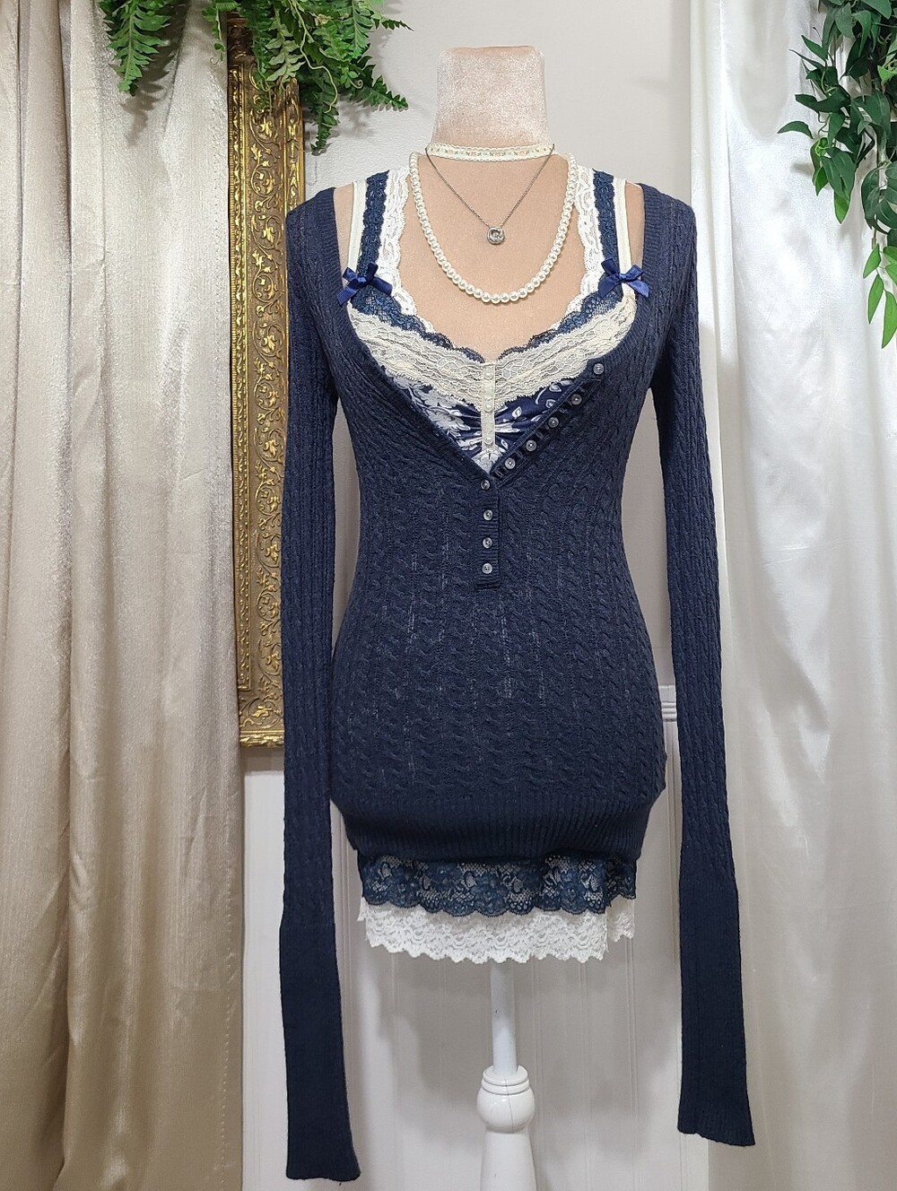 ♡ Y2K ♡ Abercrombie & Fitch Blue Rabbit Hair Babydoll Henley Sweater Long Sleeve